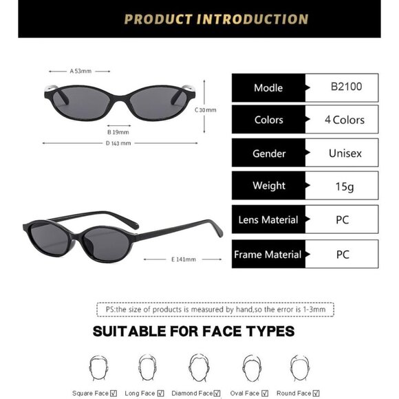 Women Retro Oval Cat Eye Small Y2k Narrow Sunnies Cateye Frame Shades BS2100 - Picture 6 of 6